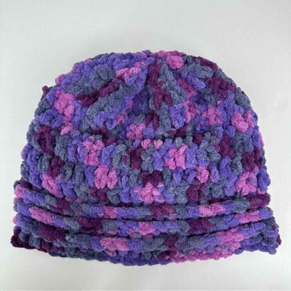 Handmade Purple Variegated Chunky Knit Slouchy Beanie Chenille Winter Hat NEW - Picture 6 of 11